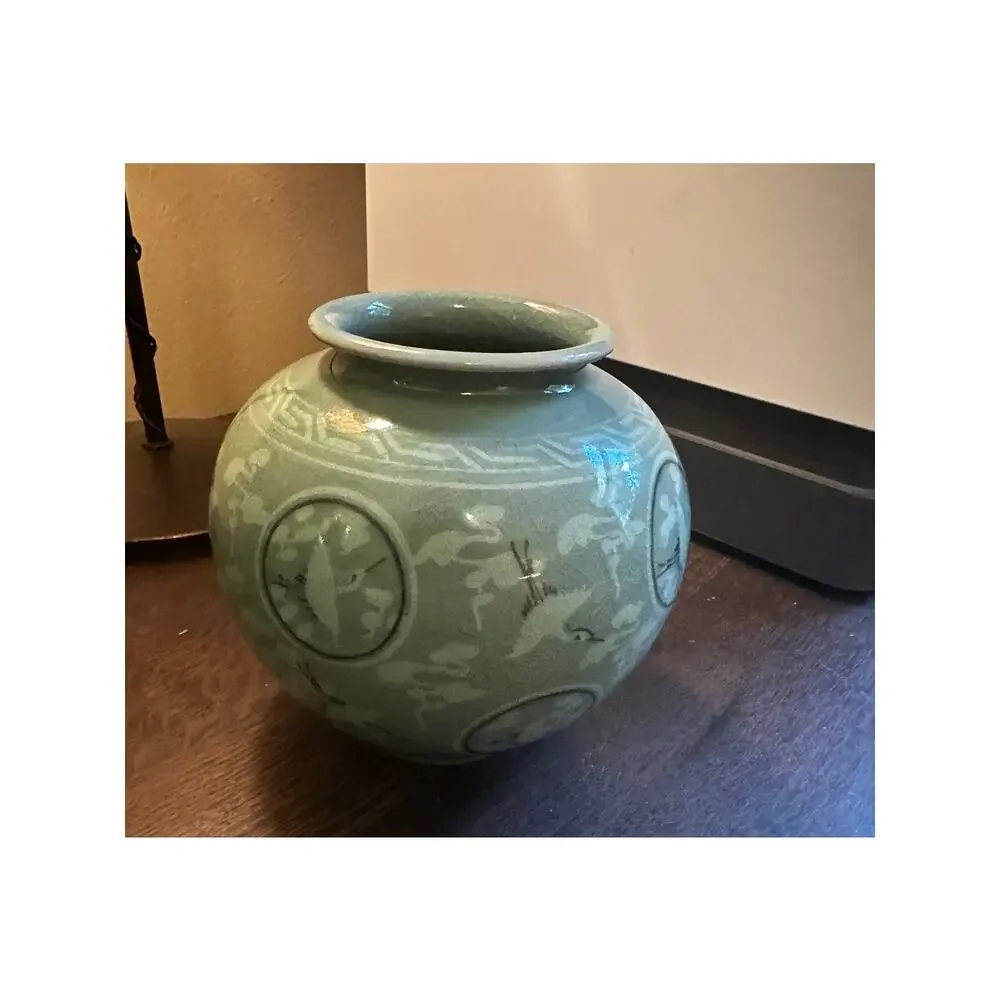 MCM KOREAN CELEDON CRANE INLAID ROUND VASE